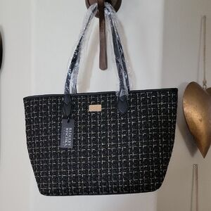 BADGLEY MISCHKA NY The Tara Large Tweed Tote Bag Black Gold NWT